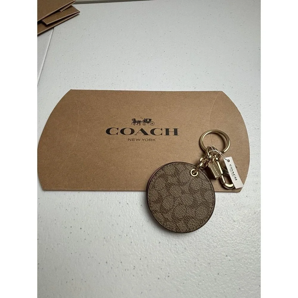 Coach Logo BeigePinkCharm With Mirror Brass KeyChain Purse Decor - New With Tag - Picture 5 of 5